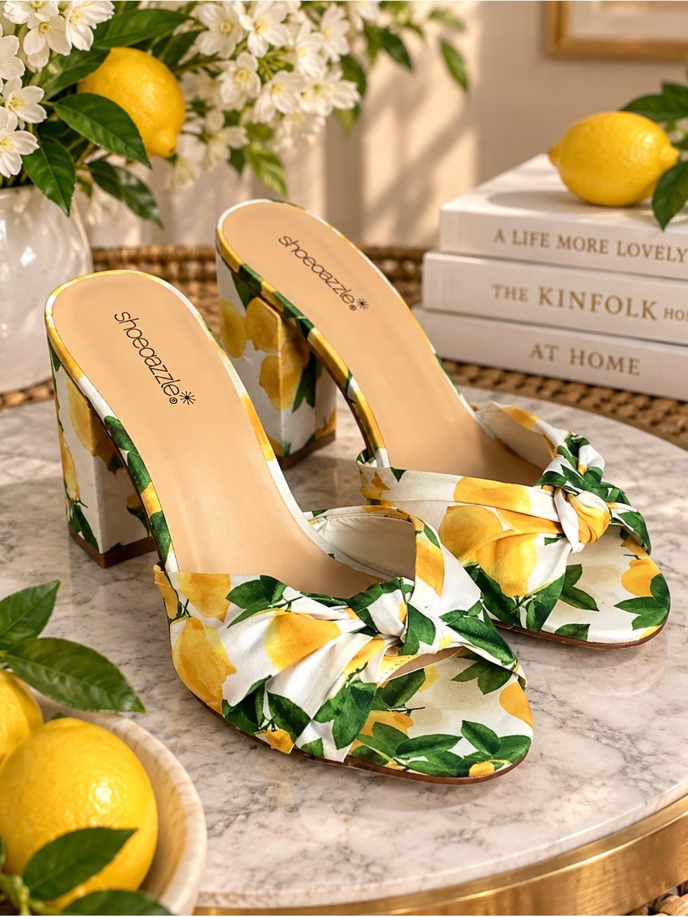 Shoe Dazzle Yellow Lemon Print Knot Block Heel Mules size 10